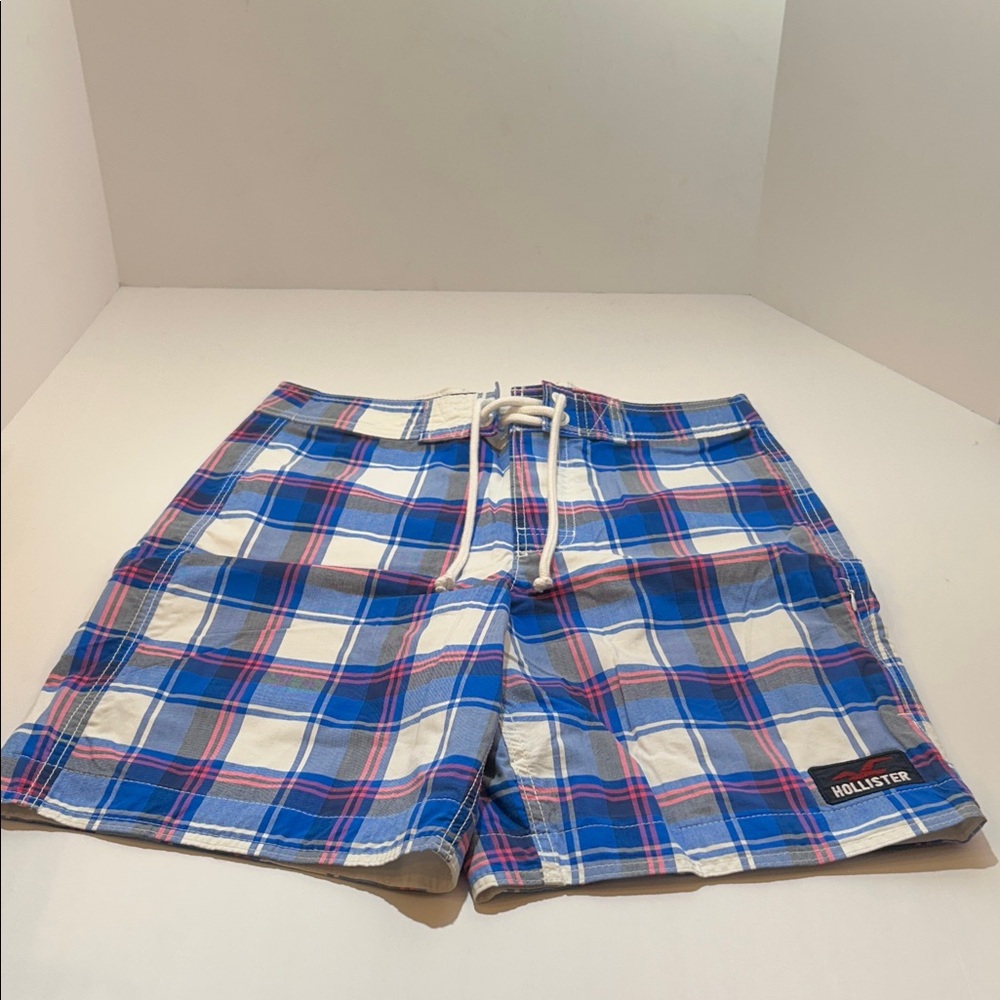 Hollister Men's White and Blue Plaid Board Shorts